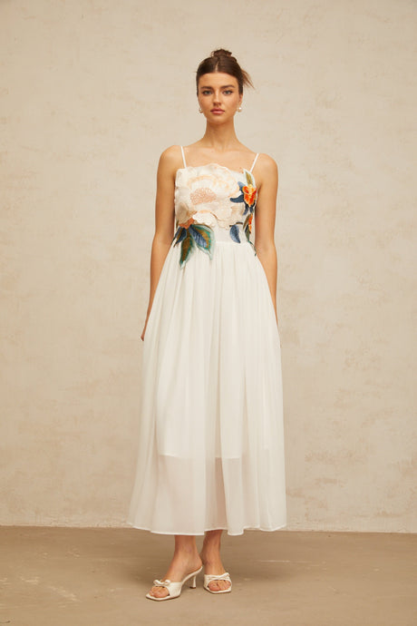 Aurohaya Josette floral-embroidered shirred maxi dress in White