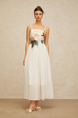 Aurohaya Josette floral-embroidered shirred maxi dress in White