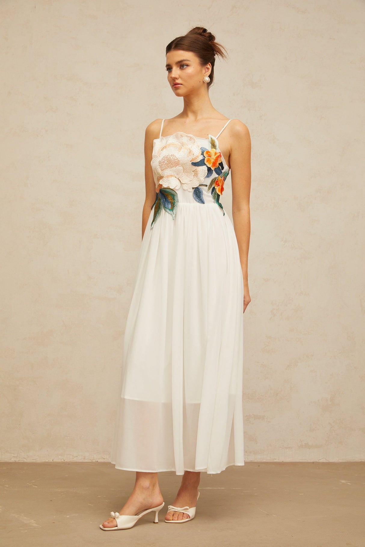 Aurohaya Josette floral-embroidered shirred maxi dress in White