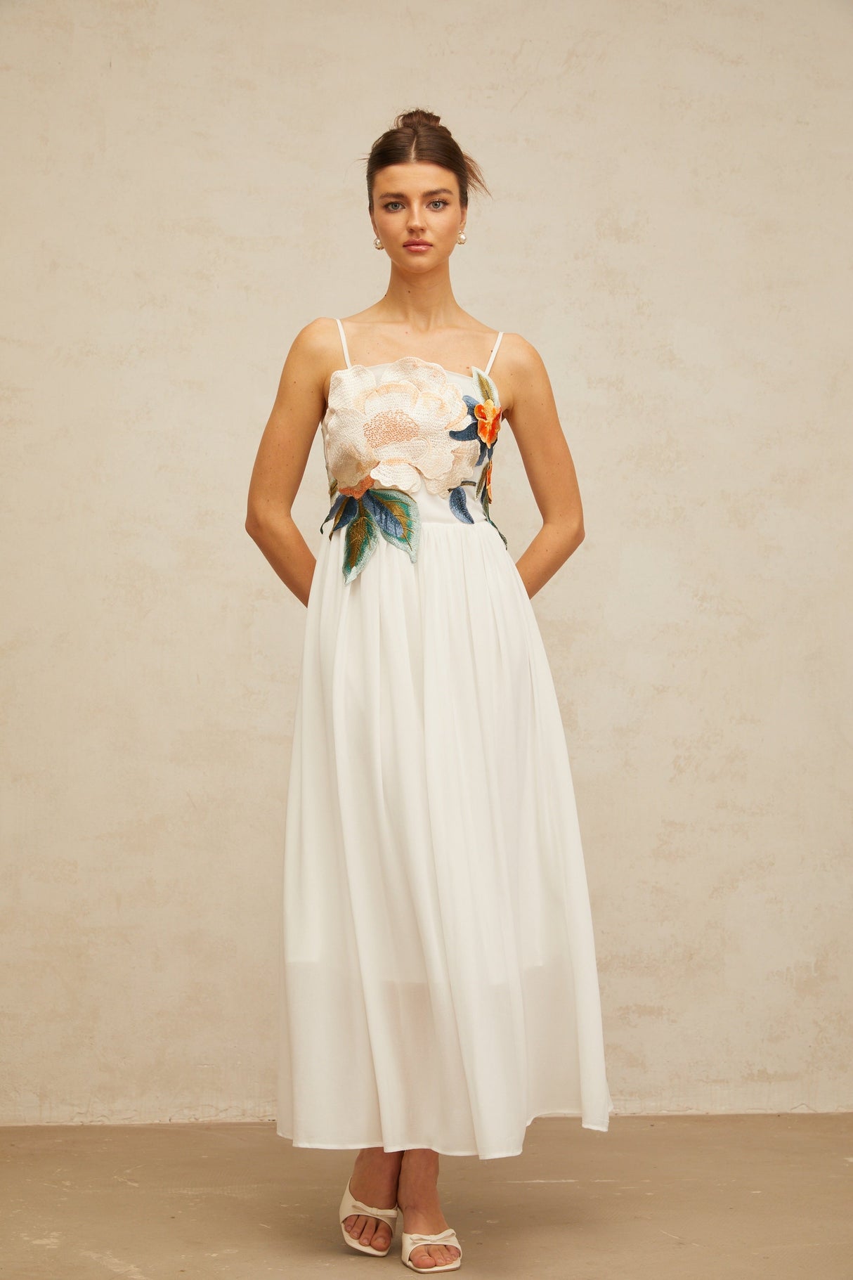 Aurohaya Josette floral-embroidered shirred maxi dress in White