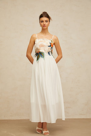 Aurohaya Josette floral-embroidered shirred maxi dress in White