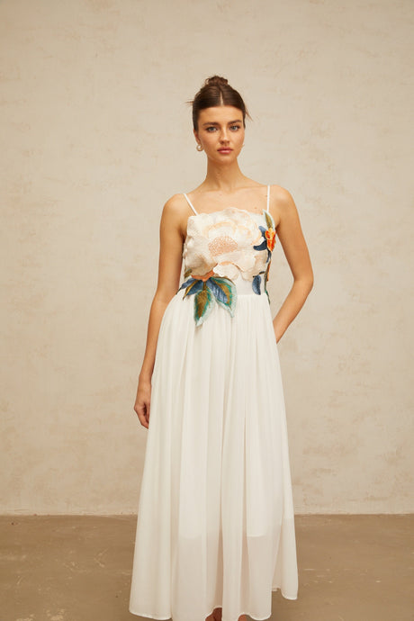 Aurohaya Josette floral-embroidered shirred maxi dress in White