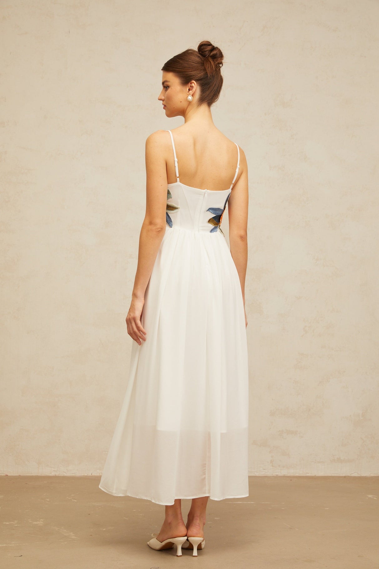 Aurohaya Josette floral-embroidered shirred maxi dress in White