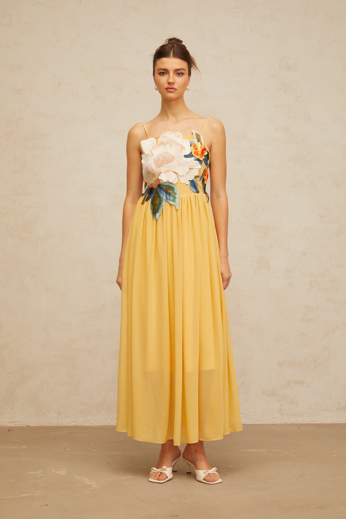 Aurohaya Josette floral-embroidered shirred maxi dress in Yellow