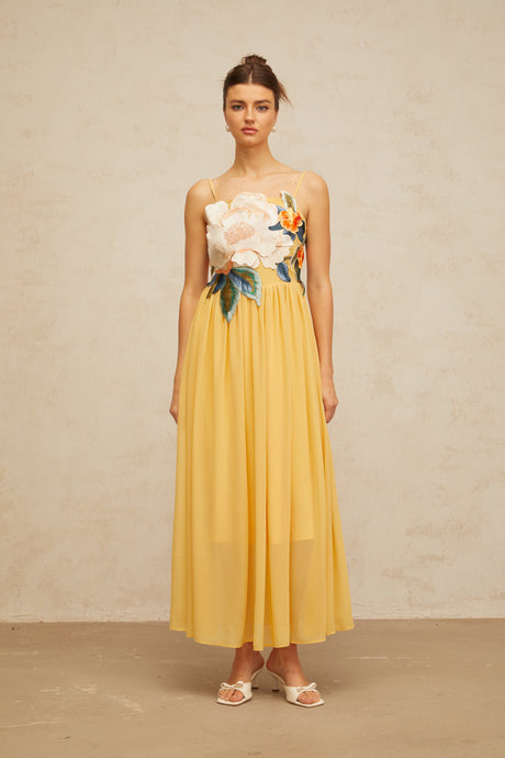 Aurohaya Josette floral-embroidered shirred maxi dress in Yellow