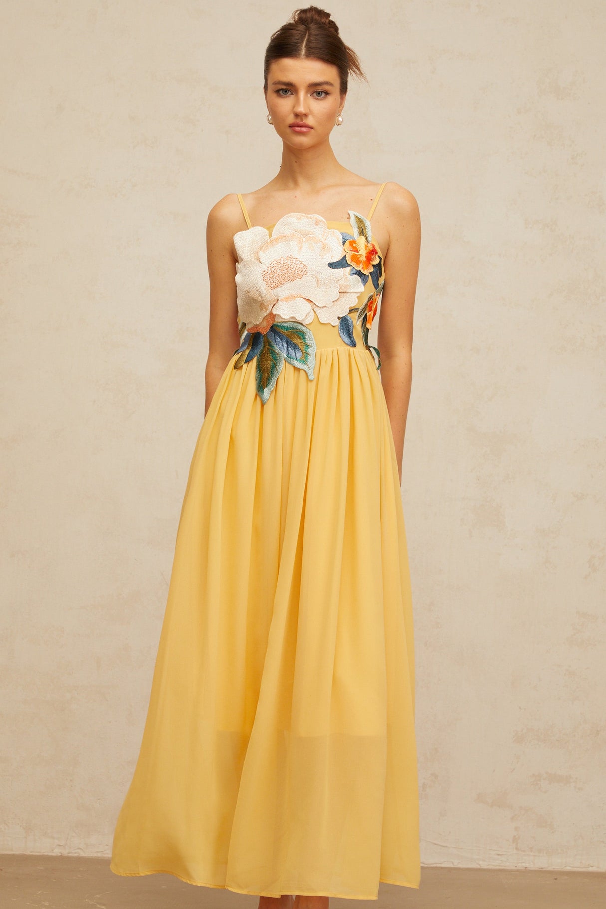 Aurohaya Josette floral-embroidered shirred maxi dress in Yellow