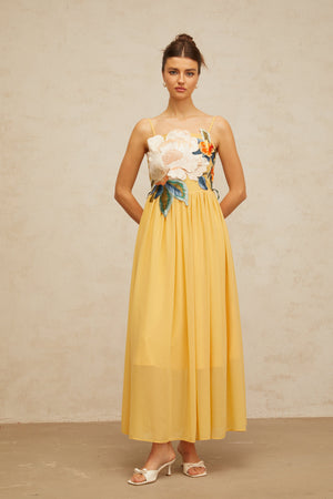 Aurohaya Josette floral-embroidered shirred maxi dress in Yellow