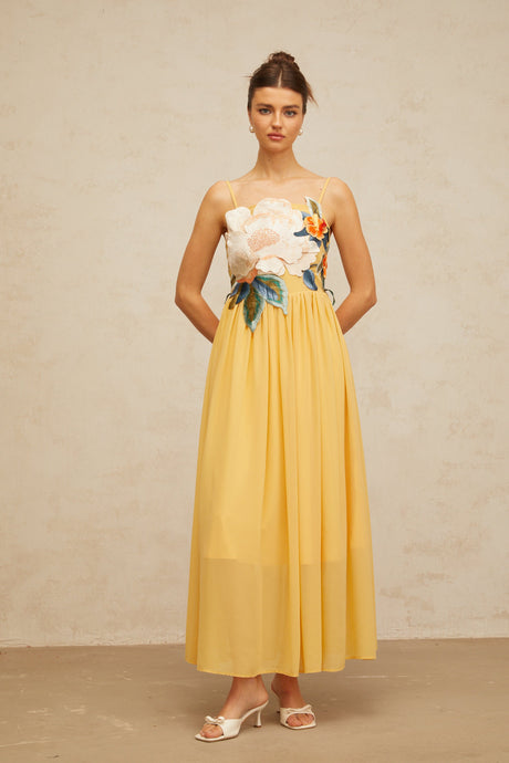Aurohaya Josette floral-embroidered shirred maxi dress in Yellow