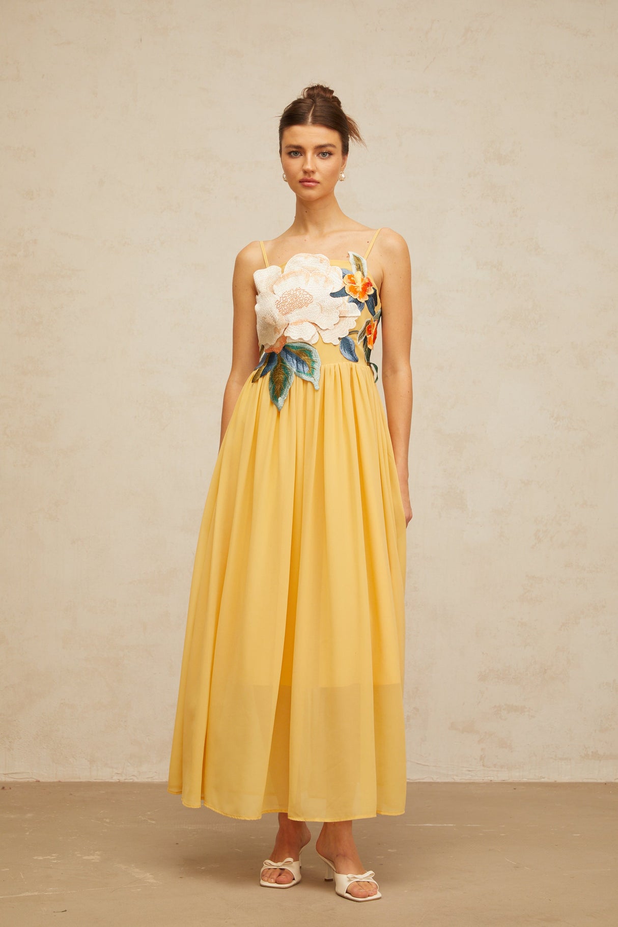 Aurohaya Josette floral-embroidered shirred maxi dress in Yellow