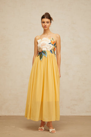 Aurohaya Josette floral-embroidered shirred maxi dress in Yellow
