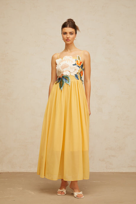 Aurohaya Josette floral-embroidered shirred maxi dress in Yellow
