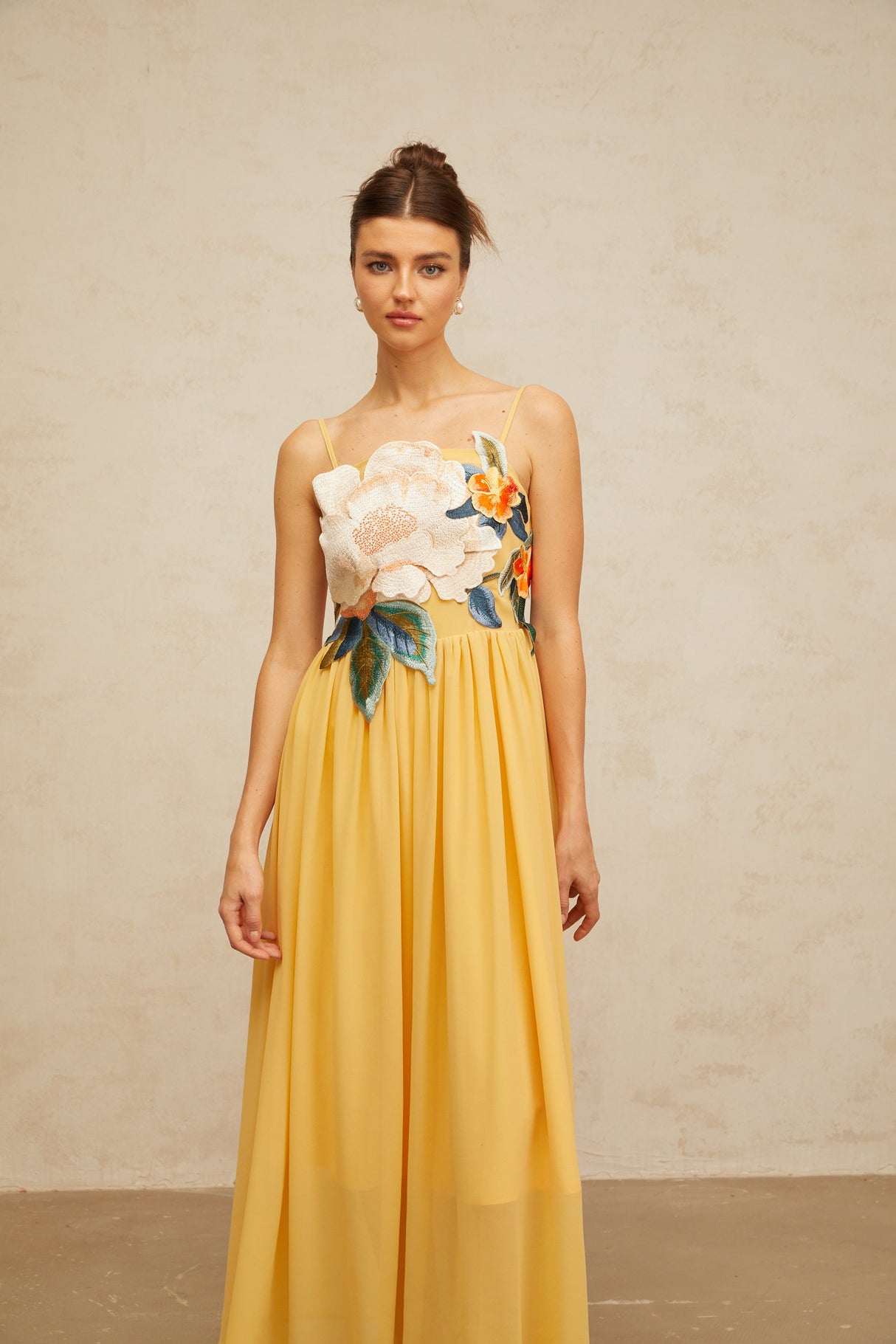Aurohaya Josette floral-embroidered shirred maxi dress in Yellow