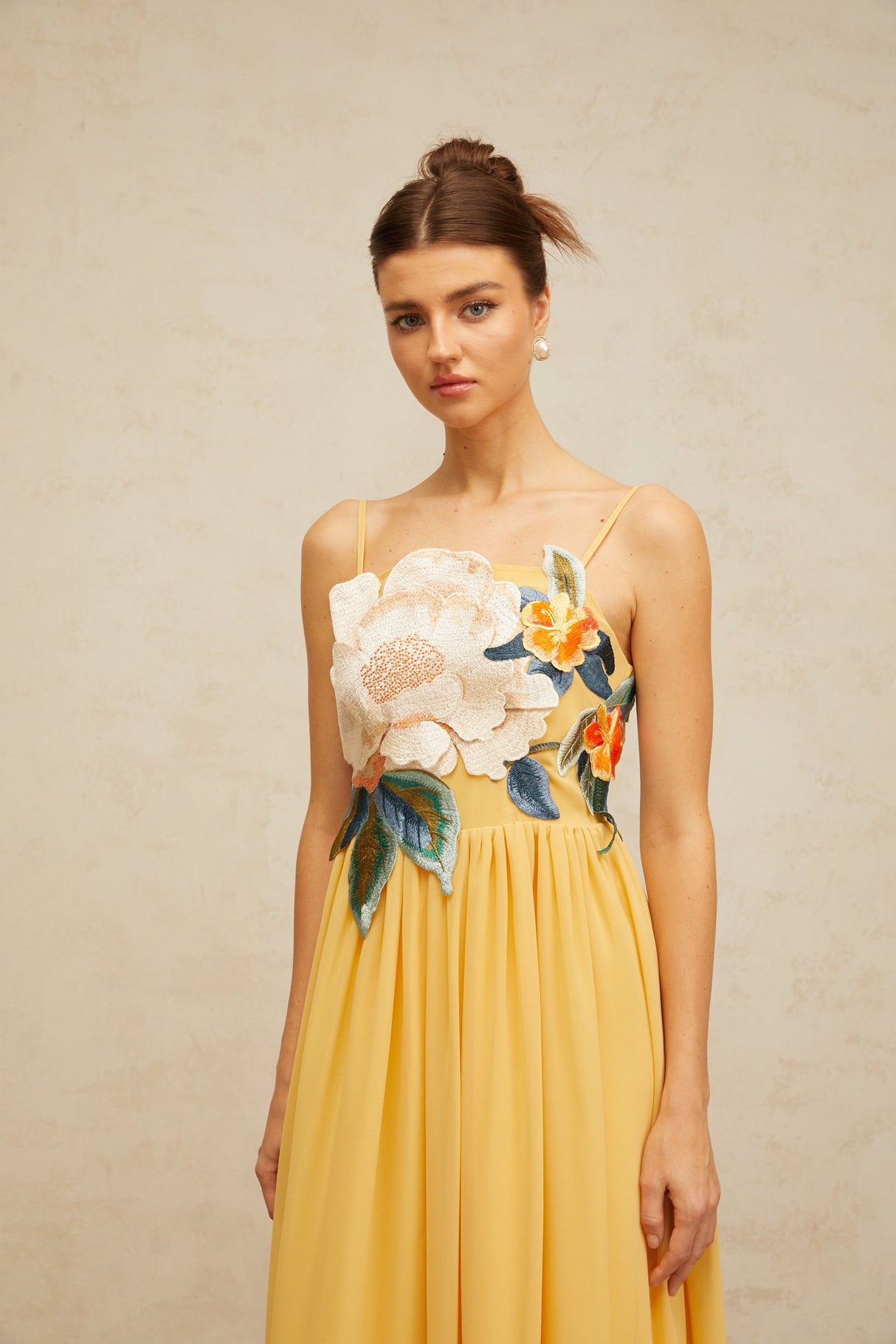 Aurohaya Josette floral-embroidered shirred maxi dress in Yellow
