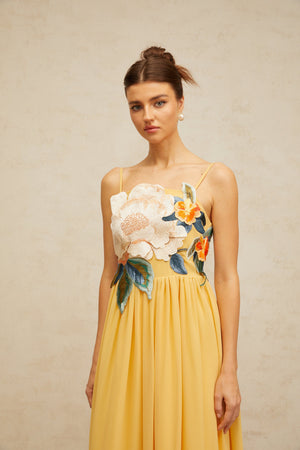 Aurohaya Josette floral-embroidered shirred maxi dress in Yellow