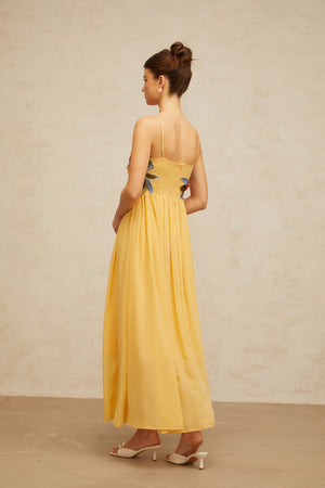 Aurohaya Josette floral-embroidered shirred maxi dress in Yellow