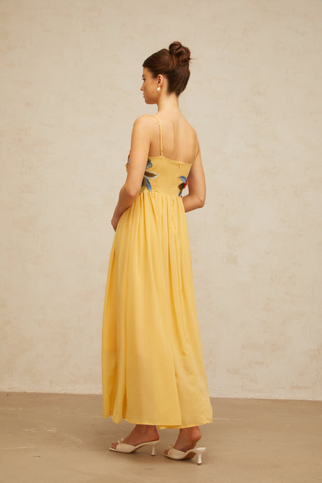 Aurohaya Josette floral-embroidered shirred maxi dress in Yellow