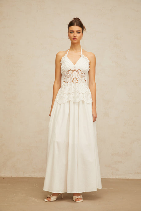 Aurohaya Bérénice white cut-out floral-embroidered shirred maxi dress