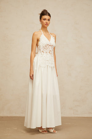 Aurohaya Bérénice white cut-out floral-embroidered shirred maxi dress