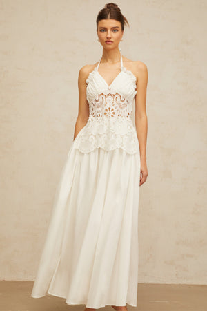 Aurohaya Bérénice white cut-out floral-embroidered shirred maxi dress