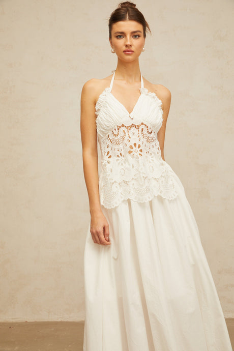 Aurohaya Bérénice white cut-out floral-embroidered shirred maxi dress
