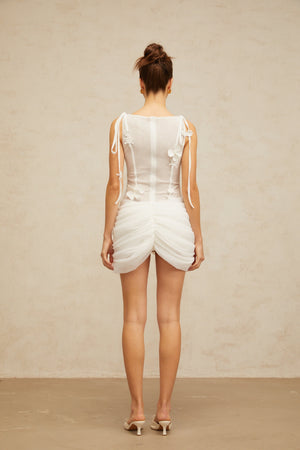 Aurohaya Romy white floral-appliqué ruched mini dress