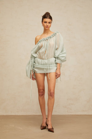 Aurohaya Béryl light-green ruffled-trim ruched mini dress
