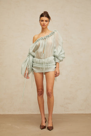 Aurohaya Béryl light-green ruffled-trim ruched mini dress