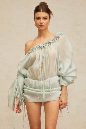 Aurohaya Béryl light-green ruffled-trim ruched mini dress