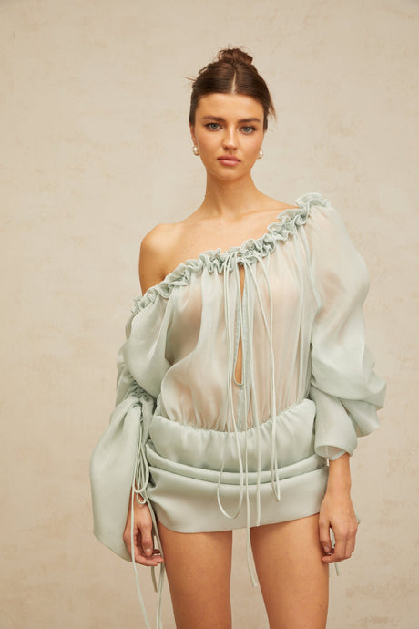 Aurohaya Béryl light-green ruffled-trim ruched mini dress