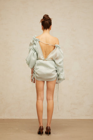 Aurohaya Béryl light-green ruffled-trim ruched mini dress
