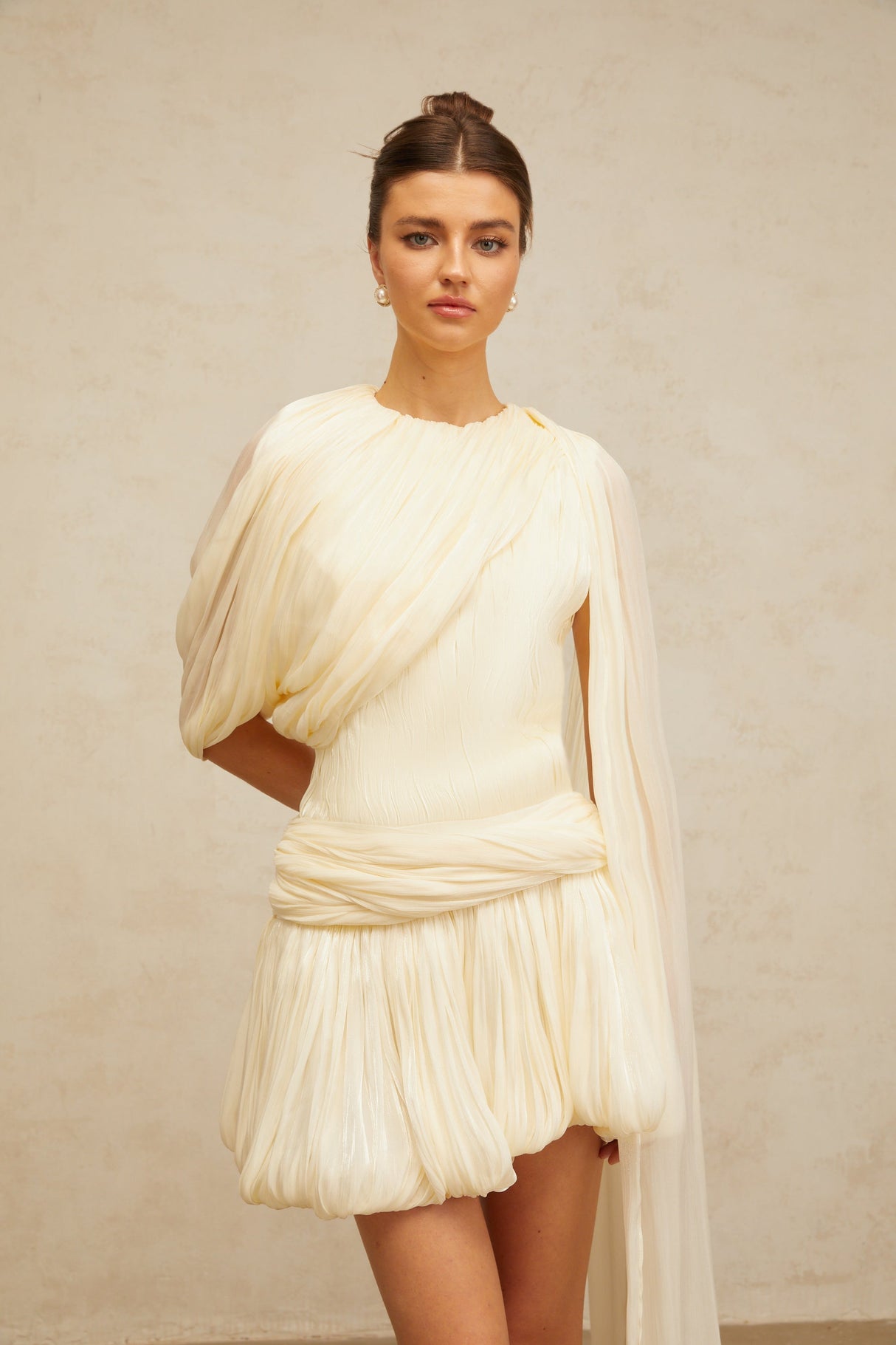 Aurohaya Cyrielle Pleated Mini Dress with Ribbon Design Accent