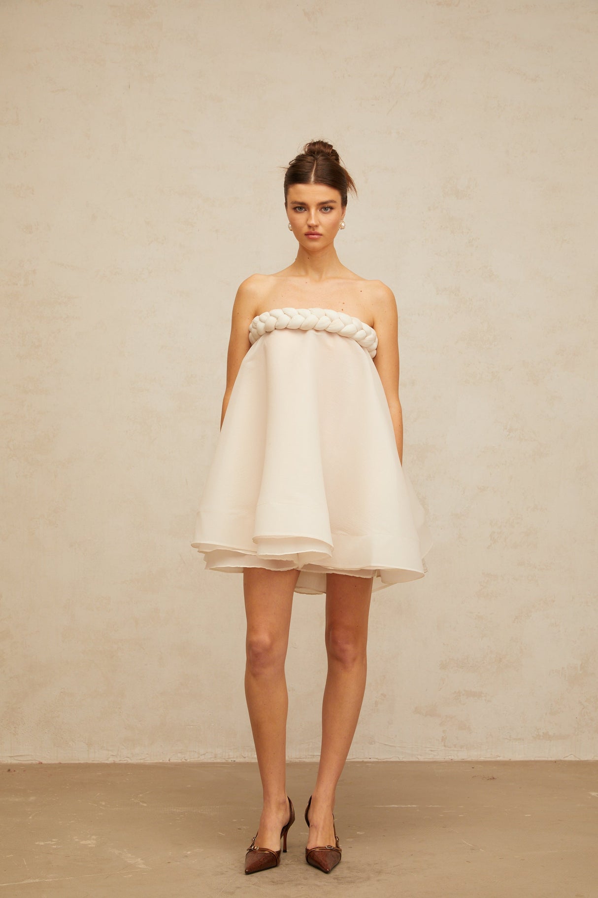 Aurohaya Violette white braid-detail puff mini dress