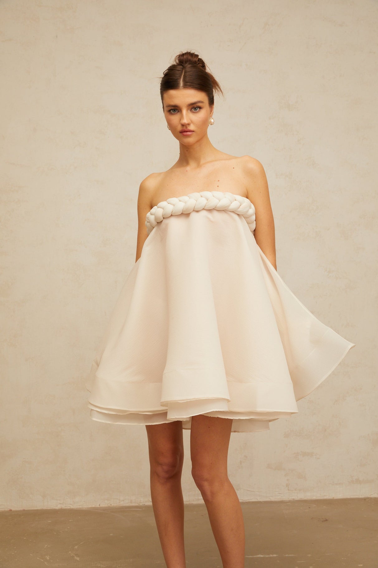 Aurohaya Violette white braid-detail puff mini dress