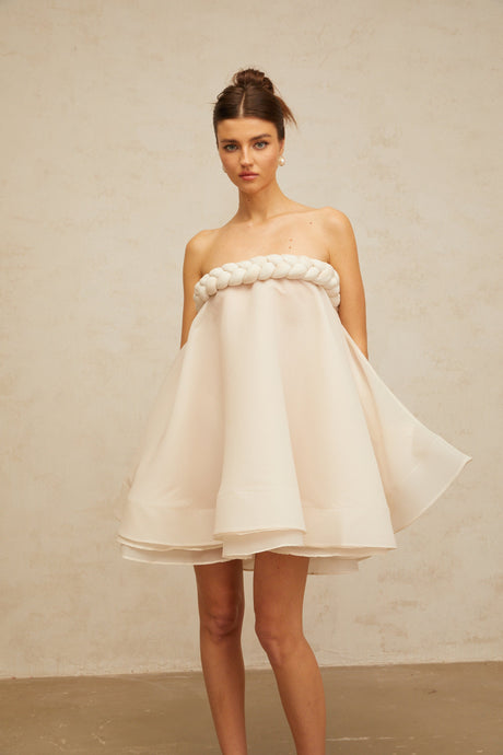 Aurohaya Violette white braid-detail puff mini dress