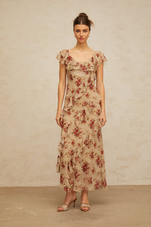 Aurohaya Déotille ruffled floral-print flared maxi dress