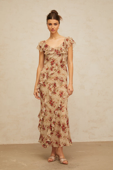 Aurohaya Déotille ruffled floral-print flared maxi dress