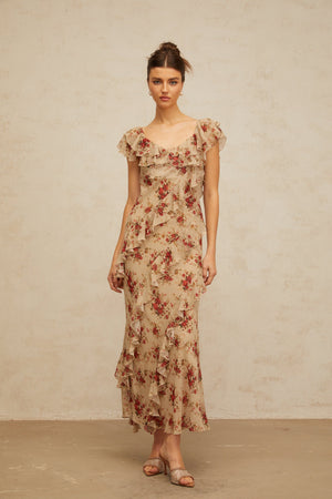 Aurohaya Déotille ruffled floral-print flared maxi dress