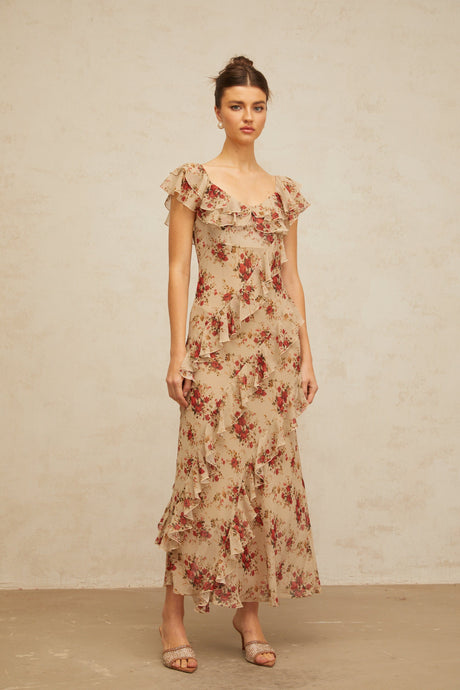 Aurohaya Déotille ruffled floral-print flared maxi dress
