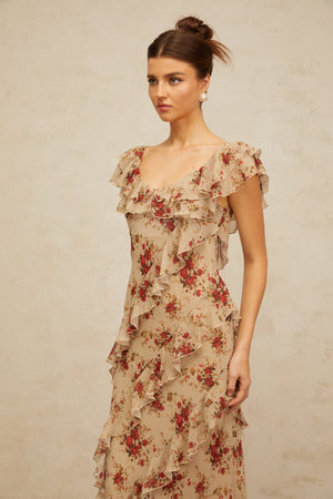 Aurohaya Déotille ruffled floral-print flared maxi dress