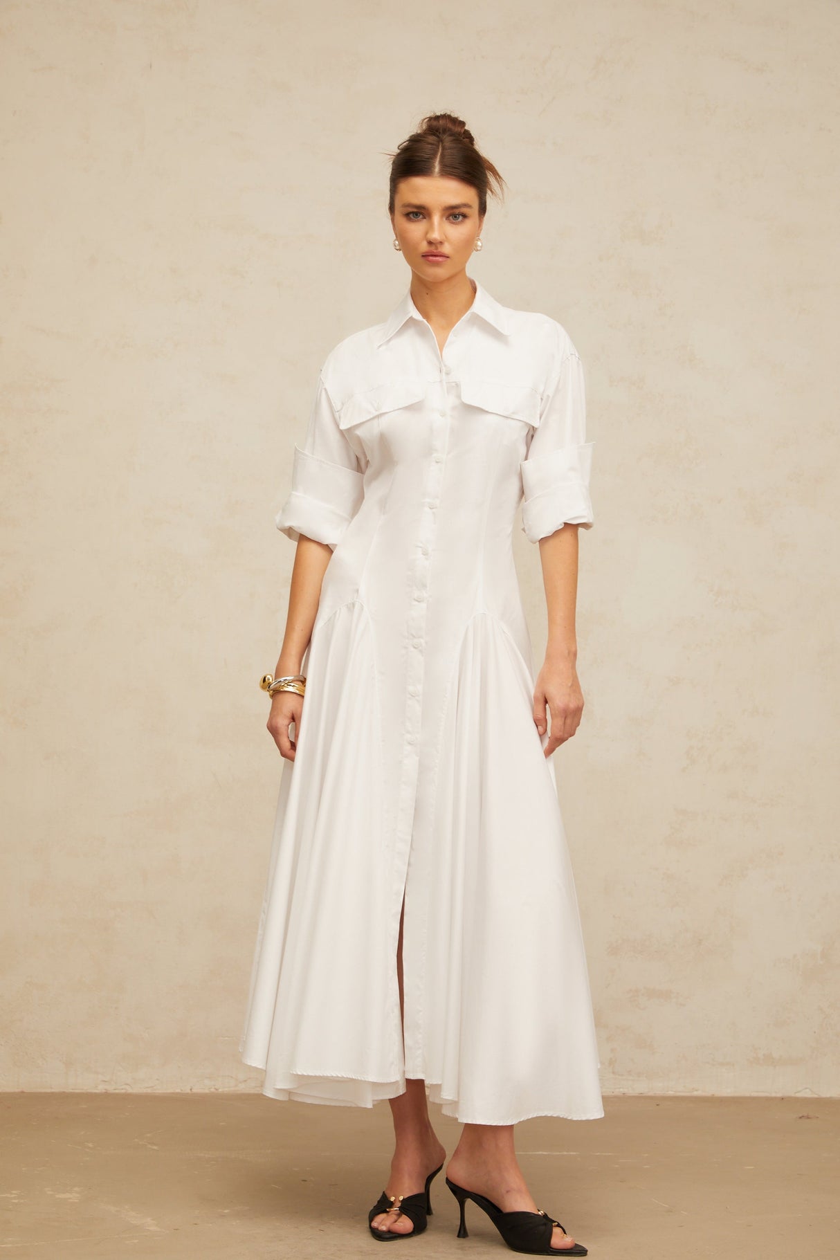Aurohaya Dulcie white front-slit shirred shirt dress