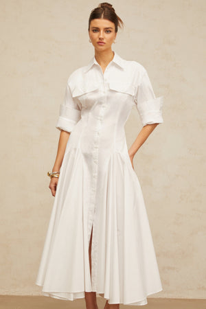 Aurohaya Dulcie white front-slit shirred shirt dress