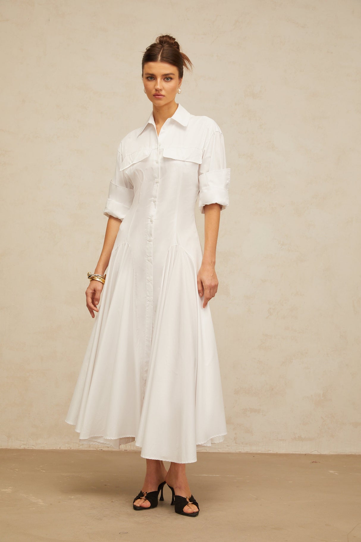Aurohaya Dulcie white front-slit shirred shirt dress