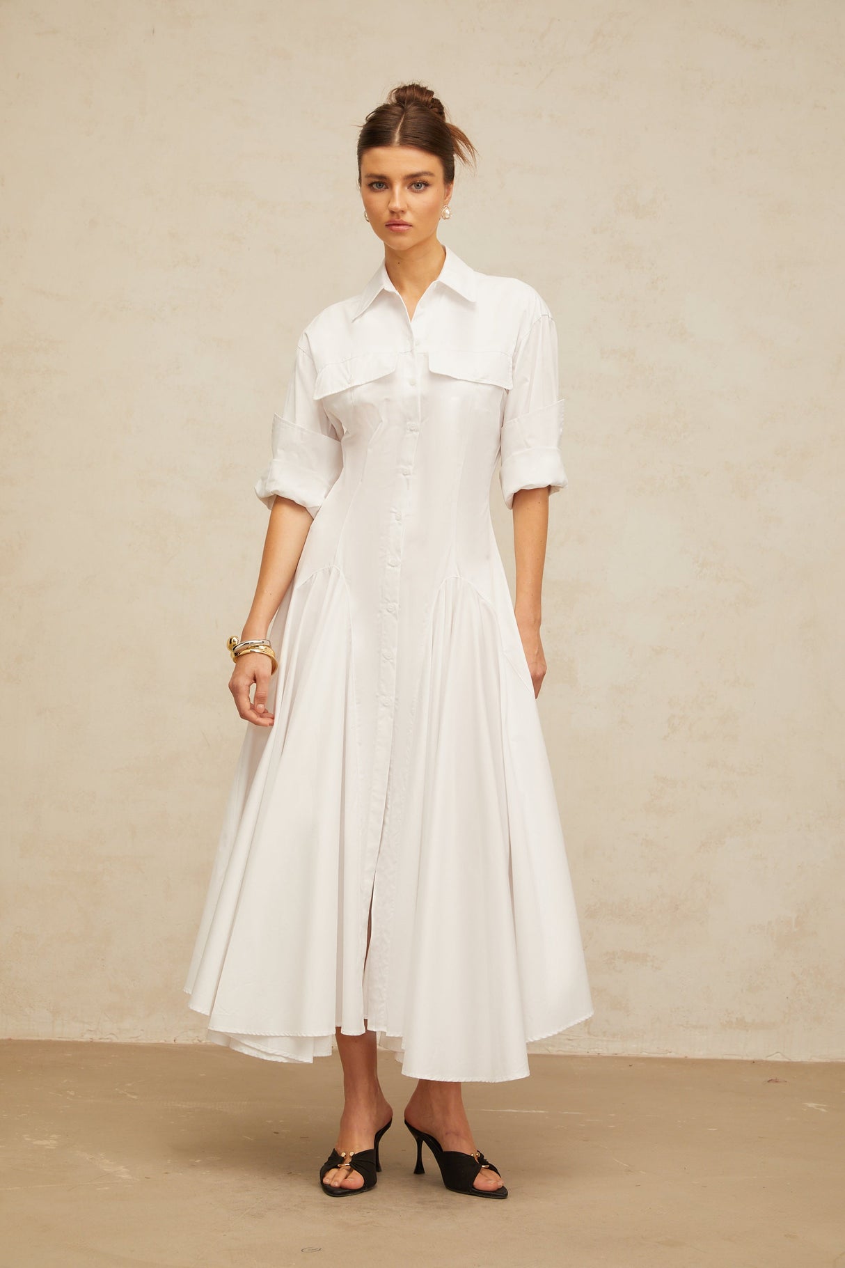 Aurohaya Dulcie white front-slit shirred shirt dress