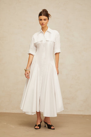 Aurohaya Dulcie white front-slit shirred shirt dress