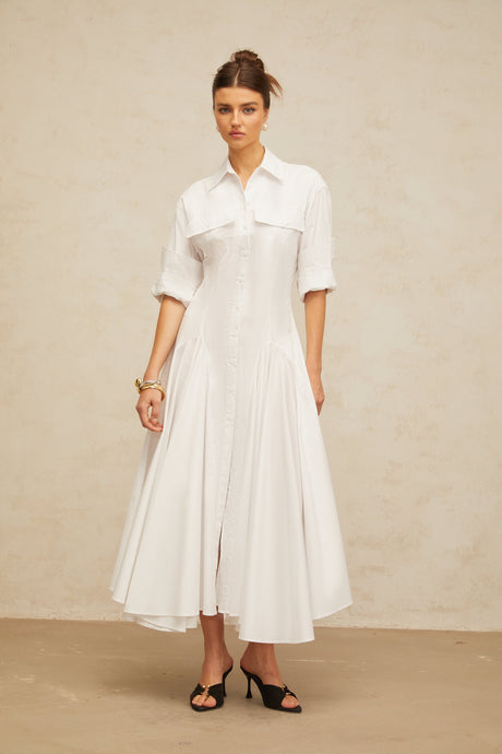 Aurohaya Dulcie white front-slit shirred shirt dress