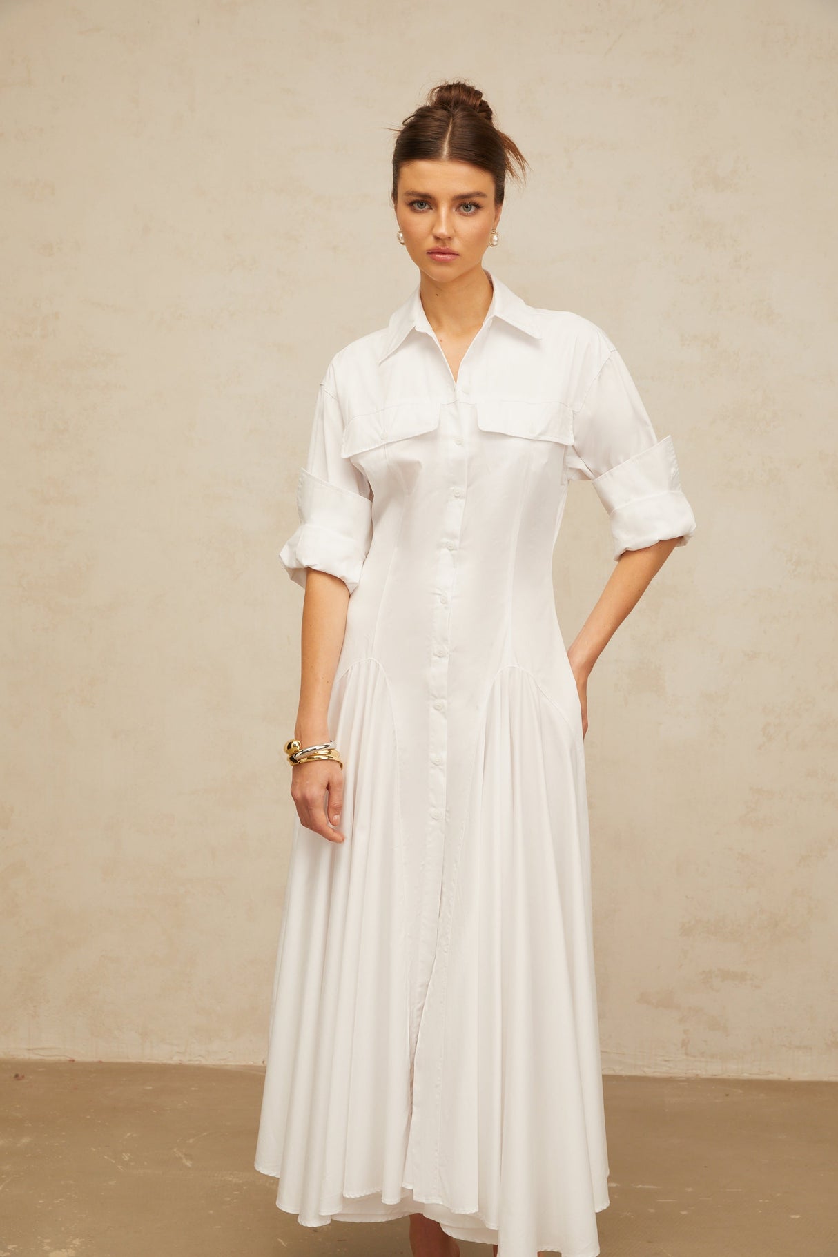 Aurohaya Dulcie white front-slit shirred shirt dress
