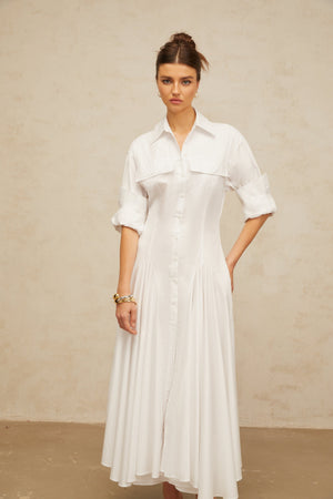 Aurohaya Dulcie white front-slit shirred shirt dress