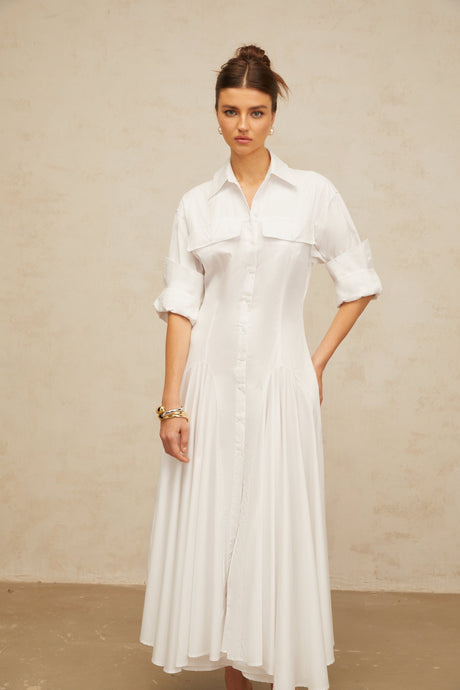 Aurohaya Dulcie white front-slit shirred shirt dress