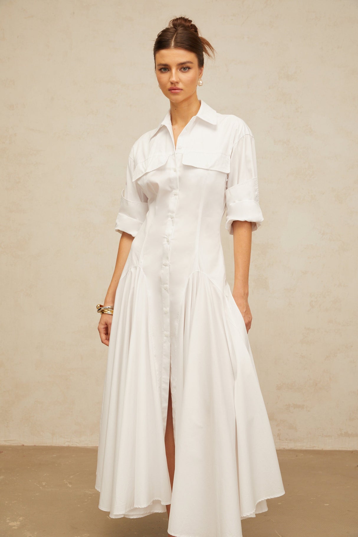 Aurohaya Dulcie white front-slit shirred shirt dress