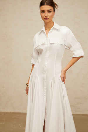 Aurohaya Dulcie white front-slit shirred shirt dress